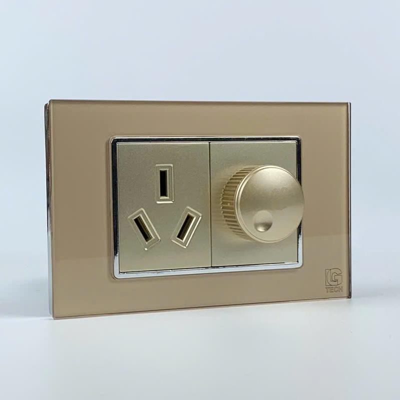 Mô đun ổ cắm chân chim và công tắc quạt, size 36mm viền kính màu gold LG Tech 2 Mô đun ổ cắm chân chim và công tắc quạt, size 36mm viền kính màu gold LG Tech