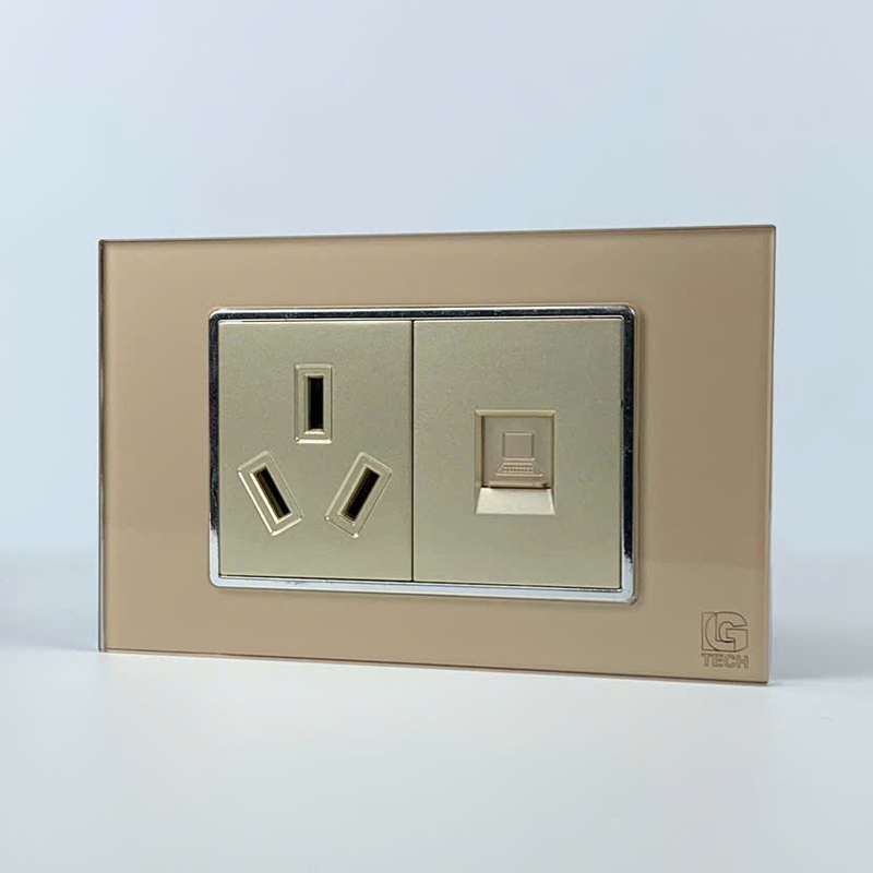 Mô đun ổ cắm chân chim và ổ mạng LAN CAT6, size 36mm viền kính màu gold LG Tech 2 Mô đun ổ cắm chân chim và ổ mạng LAN CAT6, size 36mm viền kính màu gold LG Tech