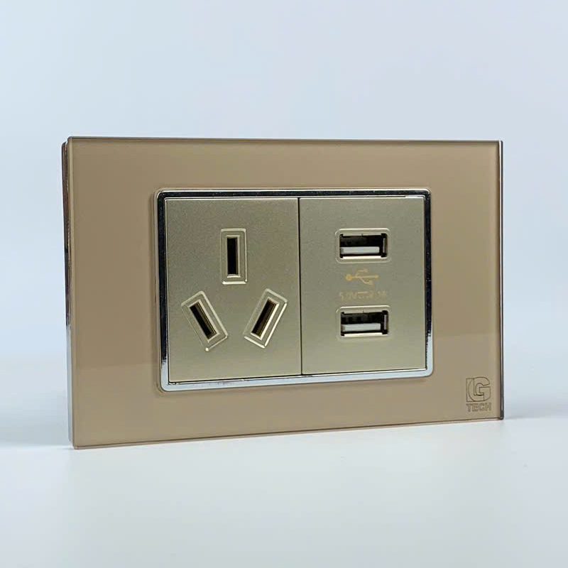Mô đun ổ cắm chân chim và ổ cắm USB 2 cổng, size 36mm viền kính màu gold LG Tech 2 Mô đun ổ cắm chân chim và ổ cắm USB 2 cổng, size 36mm viền kính màu gold LG Tech