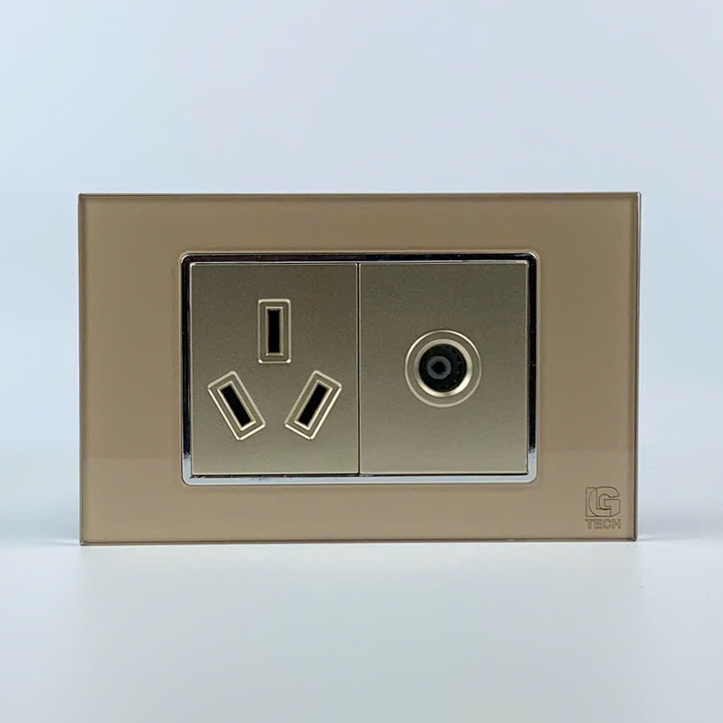 Mô đun ổ cắm chân chim và ổ cắm tivi, size 36mm viền kính màu gold LG Tech 1 Mô đun ổ cắm chân chim và ổ cắm tivi, size 36mm viền kính màu gold LG Tech