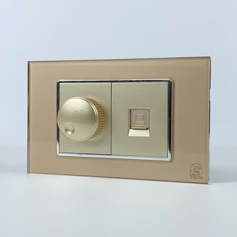 Mô đun công tắc quạt và ổ cắm mạng LAN CAT6, size 36mm viền kính màu gold LG Tech 2 Mô đun công tắc quạt và ổ cắm mạng LAN CAT6, size 36mm viền kính màu gold LG Tech
