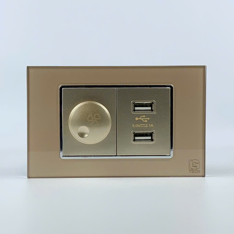 Mô đun công tắc quạt và ổ cắm USB 2 cổng, size 36mm viền kính màu gold LG Tech 1 Mô đun công tắc quạt và ổ cắm USB 2 cổng, size 36mm viền kính màu gold LG Tech