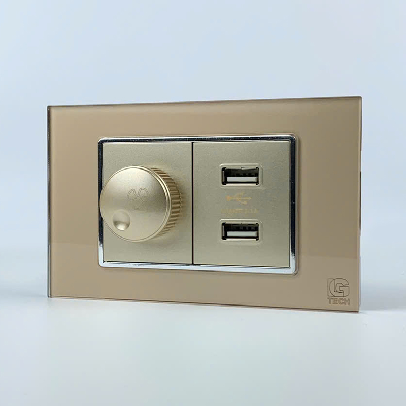 Mô đun công tắc quạt và ổ cắm USB 2 cổng, size 36mm viền kính màu gold LG Tech 2 Mô đun công tắc quạt và ổ cắm USB 2 cổng, size 36mm viền kính màu gold LG Tech