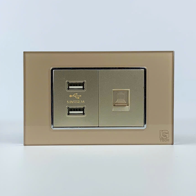 Mô đun ổ cắm USB 2 cổng và mạng LAN CAT6, size 36mm viền kính màu gold LG Tech 1 Mô đun ổ cắm USB 2 cổng và mạng LAN CAT6, size 36mm viền kính màu gold LG Tech