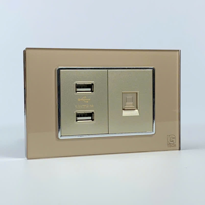 Mô đun ổ cắm USB 2 cổng và mạng LAN CAT6, size 36mm viền kính màu gold LG Tech 2 Mô đun ổ cắm USB 2 cổng và mạng LAN CAT6, size 36mm viền kính màu gold LG Tech