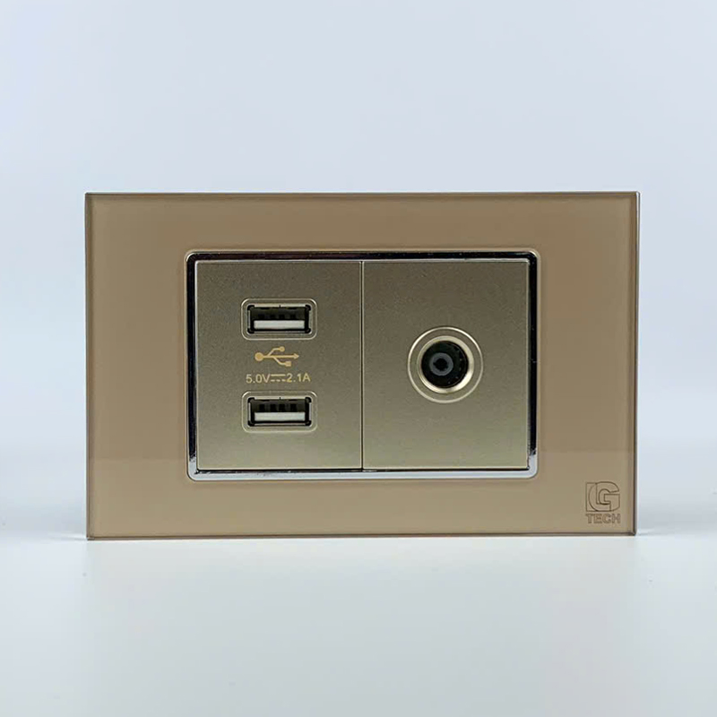 Mô đun ổ cắm USB 2 cổng và ổ cắm tivi, size 36mm viền kính màu gold LG Tech 1 Mô đun ổ cắm USB 2 cổng và ổ cắm tivi, size 36mm viền kính màu gold LG Tech