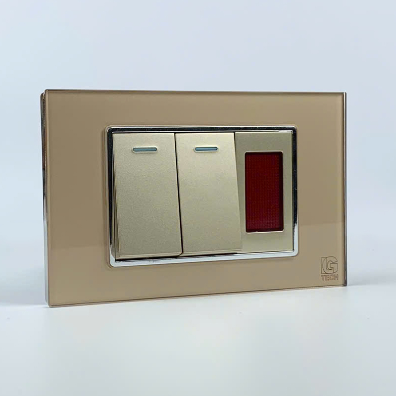 Mô đun 2 công tắc đơn 1 chiều và đèn báo, size 24mm viền kính màu gold LG Tech 2 Mô đun 2 công tắc đơn 1 chiều và đèn báo, size 24mm viền kính màu gold LG Tech