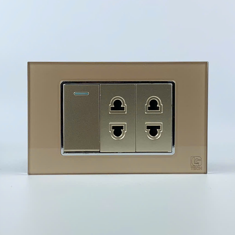 Mô đun công tắc đơn 1 chiều và 2 ổ cắm 2 chấu, size 24mm viền kính màu gold LG Tech 1 Mô đun công tắc đơn 1 chiều và 2 ổ cắm 2 chấu, size 24mm viền kính màu gold LG Tech