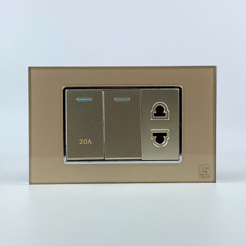 Mô đun 1 công tắc 20A, 1 công tắc đơn và 1 ổ cắm, size 24mm viền kính màu gold LG Tech 1 Mô đun 1 công tắc 20A, 1 công tắc đơn và 1 ổ cắm, size 24mm màu gold LG Tech