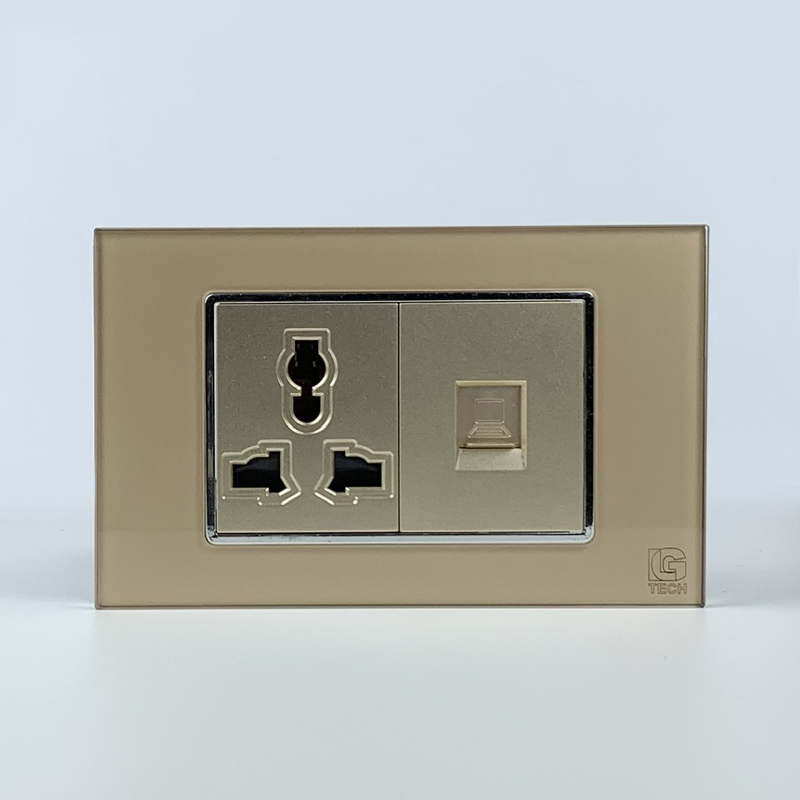 Mô đun ổ cắm 3 chấu và ổ cắm mạng LAN CAT6, size 36mm viền kính màu gold LG Tech 1 Mô đun ổ cắm 3 chấu và ổ cắm mạng LAN CAT6, size 36mm viền kính màu gold LG Tech