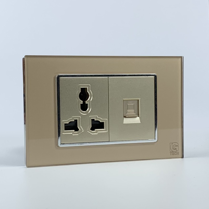Mô đun ổ cắm 3 chấu và ổ cắm mạng LAN CAT6, size 36mm viền kính màu gold LG Tech 2 Mô đun ổ cắm 3 chấu và ổ cắm mạng LAN CAT6, size 36mm viền kính màu gold LG Tech
