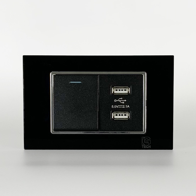 Mô đun công tắc đơn 1 chiều và ổ cắm 2 cổng USB, size 36mm viền kính màu đen LG Tech 1 Mô đun công tắc đơn 1 chiều và ổ cắm 2 cổng USB, size 36mm viền kính màu đen LG Tech