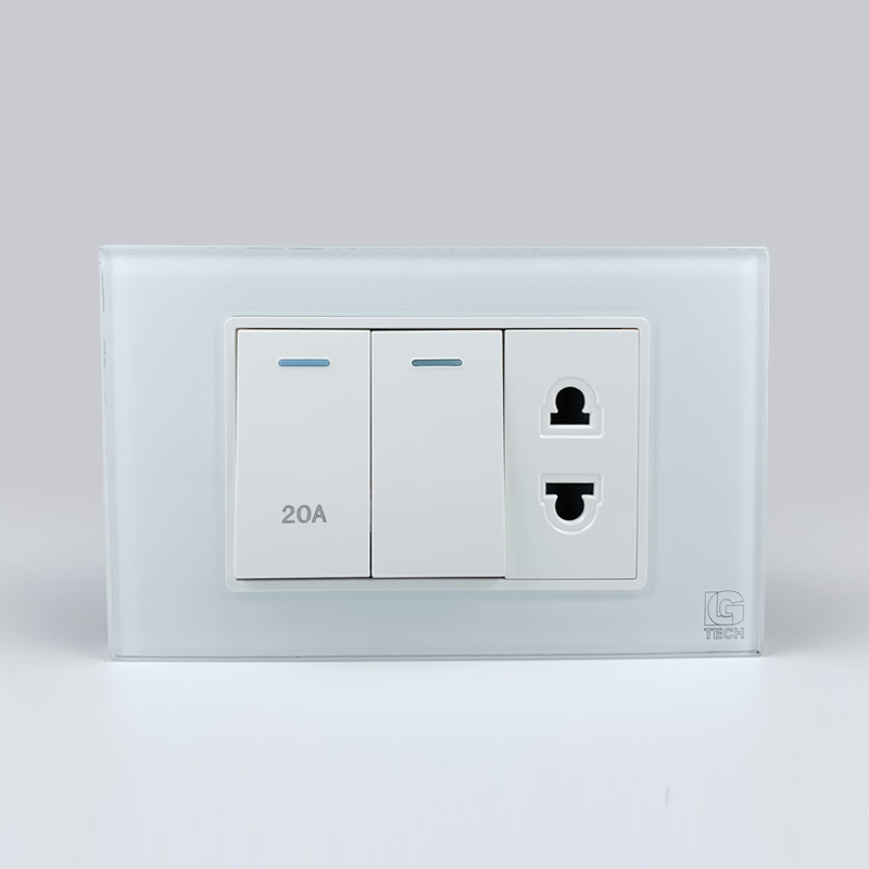 Mô đun 1 công tắc 20A, 1 công tắc đơn và 1 ổ cắm, size 24mm viền kính màu trắng LG Tech 1 Mô đun 1 công tắc 20A, 1 công tắc đơn và 1 ổ cắm, viền kính màu trắng LG Tech