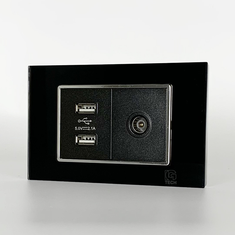 Mô đun ổ cắm USB 2 cổng và ổ cắm tivi, size 36mm viền kính màu đen LG Tech 2 Mô đun ổ cắm USB 2 cổng và ổ cắm tivi, size 36mm viền kính màu đen LG Tech