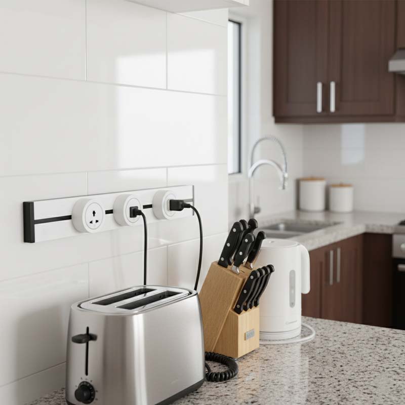 So sánh chi phí: Ổ cắm thanh ray có thật sự tiết kiệm hơn ổ cắm nổi dài hạn? 2 Ổ cắm thanh ray đang dần phổ biến trong các căn bếp hiện nay tại Việt Nam