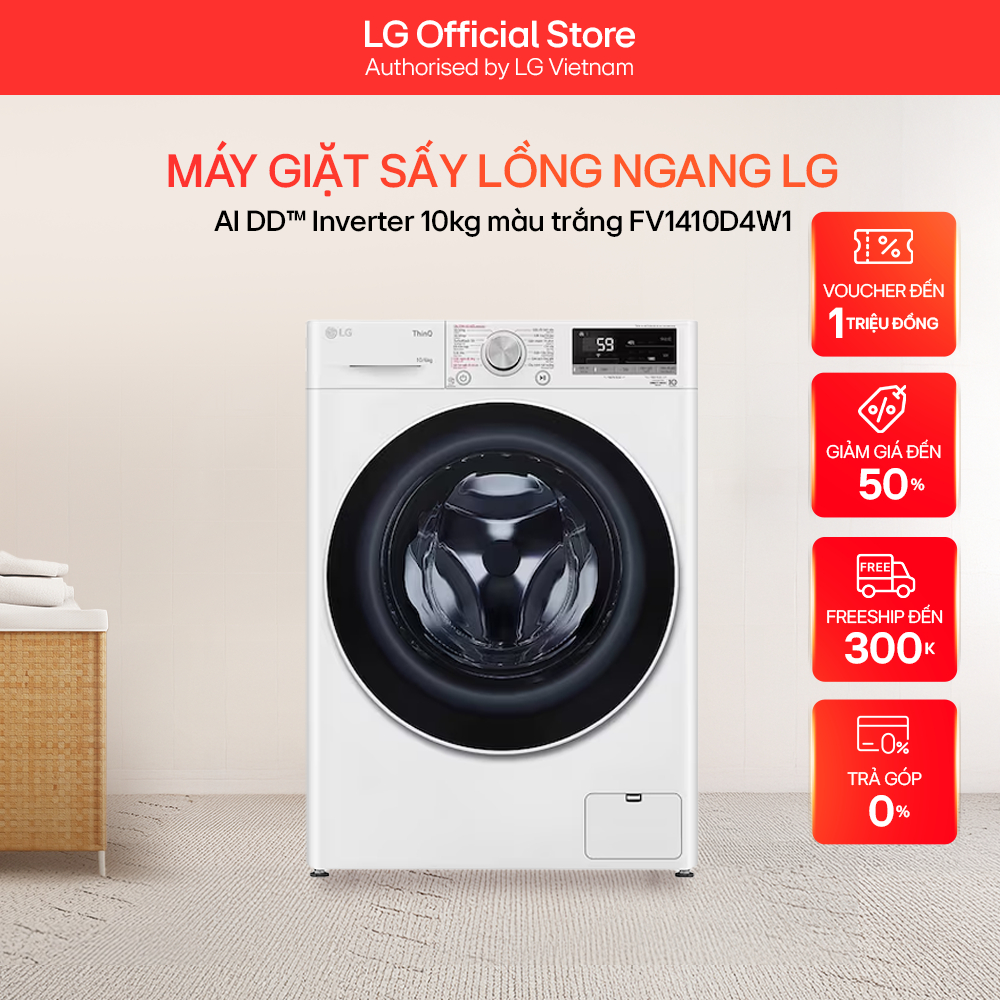 Máy giặt sấy lồng ngang LG AI DD™ Inverter 10kg màu trắng FV1410D4W1